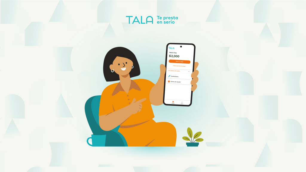 ilustración de mujer mostrando su celular con la pantalla de la app de tala