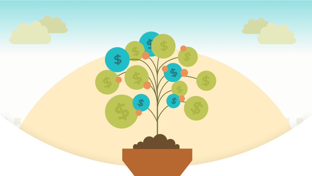 ilustración de planta con flores con signo de dinero y fondo cielo con nubes