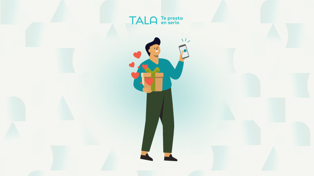 ilustración de hombre joven sosteniendo un celular con una mano y con otra una caja de regalo