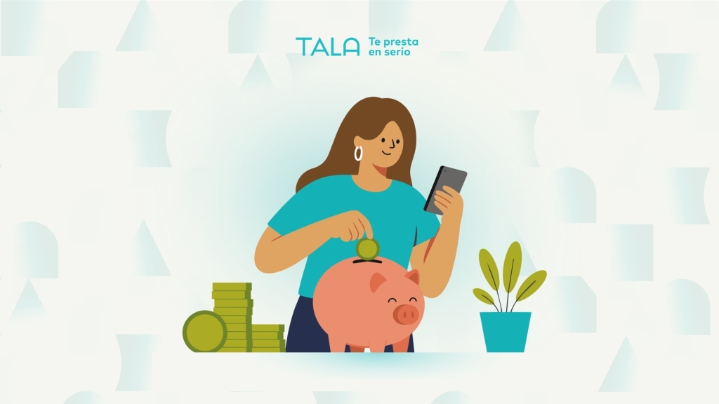 ilustración de mujer viendo su smarphone mientras deposita moneda en alcancía