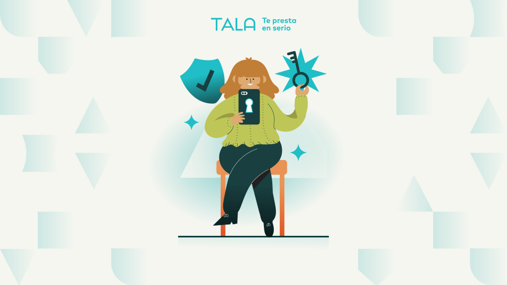 ilustración de mujer sentada viendo su celular y en la otra mano una llave