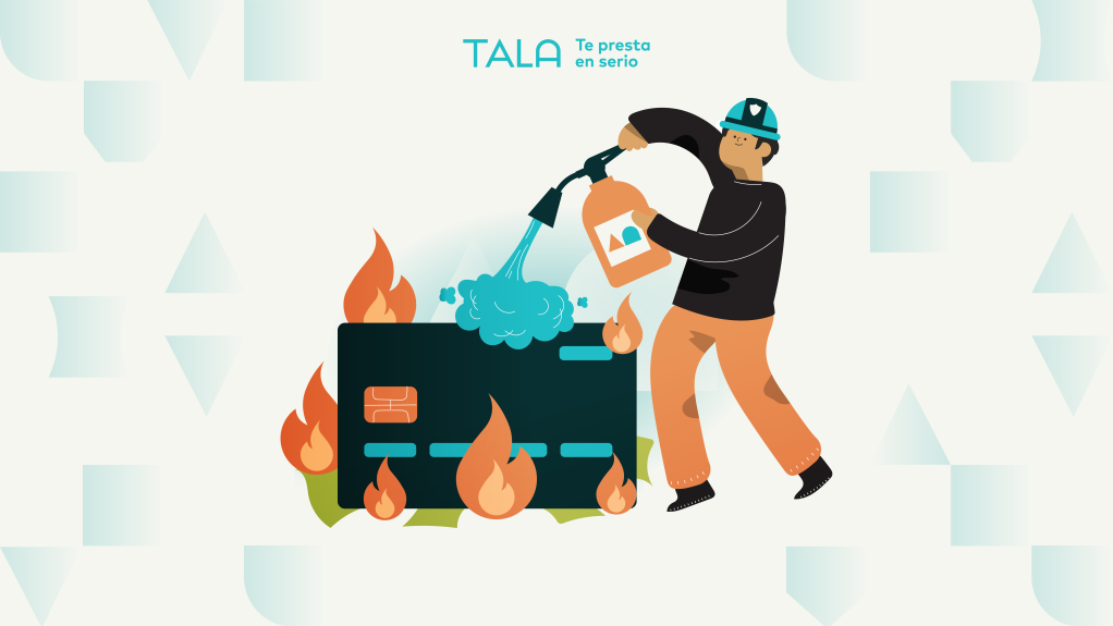 ilustración de bombero con extintor apagando fuego saliendo de una caja