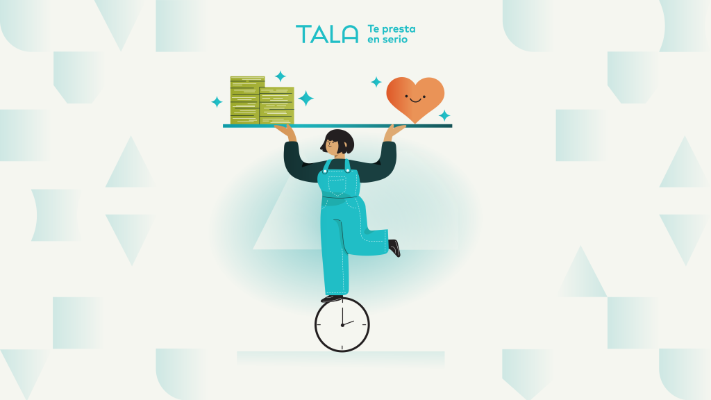 ilustración de mujer sosteniendo sobre su cabeza un corazón y dinero