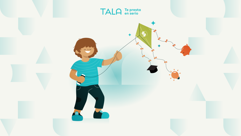 ilustración de niño volando papalote con tres objetos colgando