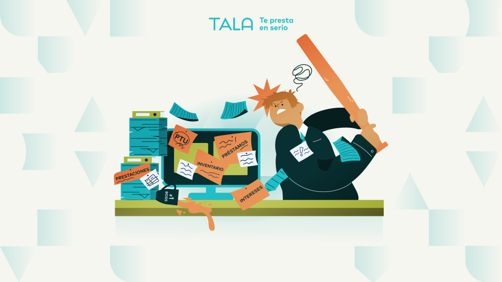 ilustración de hombre con bat molesto a punto de pegarle a su escritorio