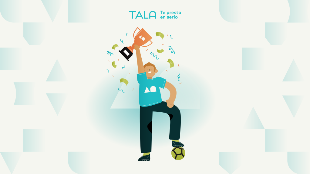 ilustración de un joven de pie con un pie sobre un balón, levantando un trofeo