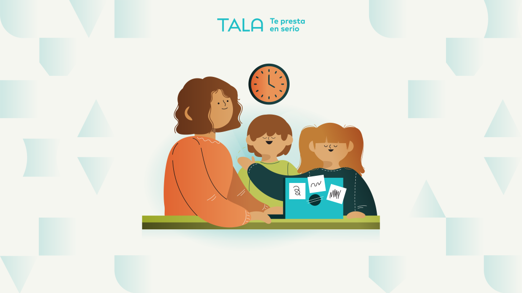 ilustración de mamá con sus dos hijos detrás de una mesa