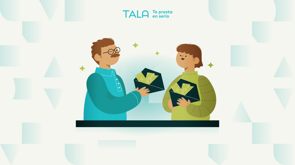 ilustración de padre e hijo, cada uno sosteniendo una caja con papelitos
